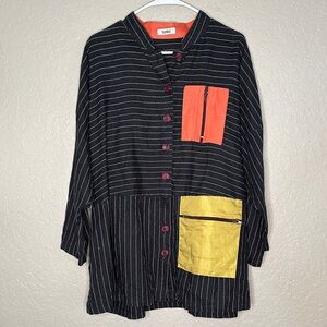 linen cotton silk 2 piece art to wear black striped button down zip pockets